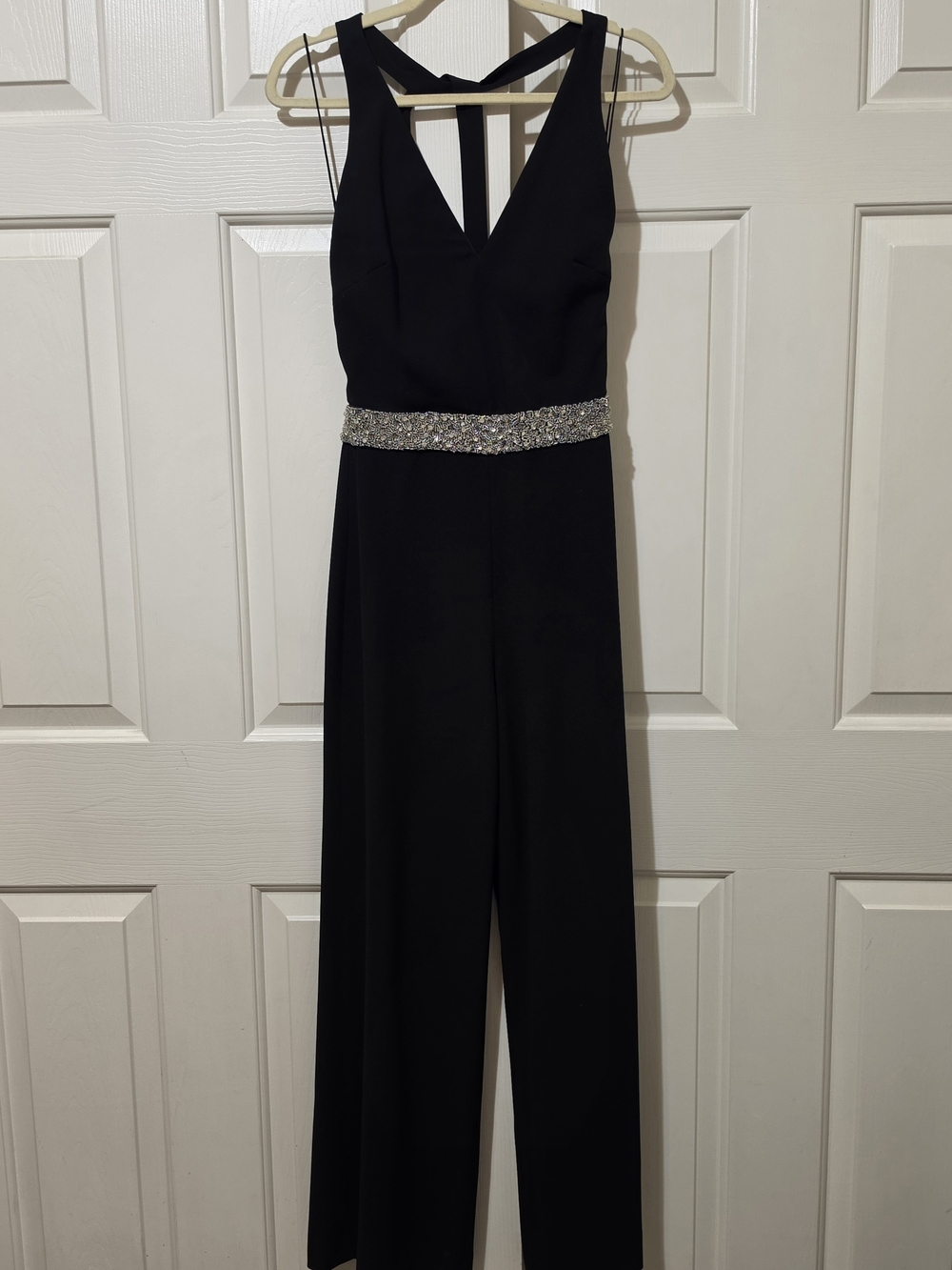 Alice + Olivia Black V-Neck Halter Jumpsuit with Crystal Waistband Sz 0 Formal